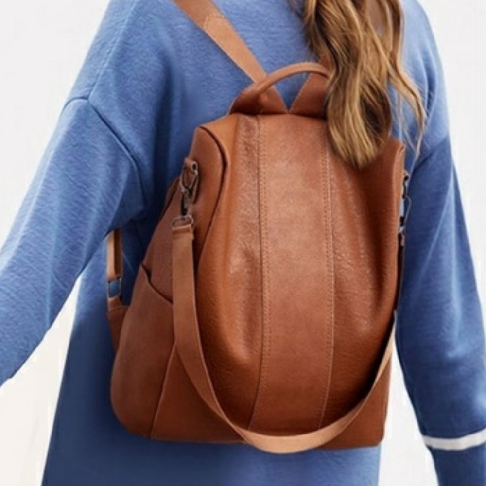 Vegan Leather Anti-theft Backpack in Chocolate